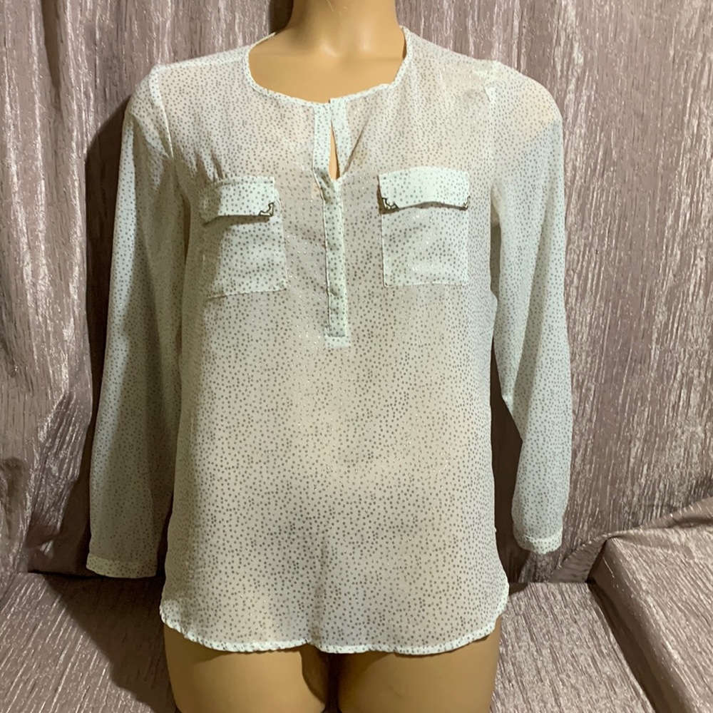 Outback Red Top Blouse Sheer Size L Cream Gray/Gold Dots